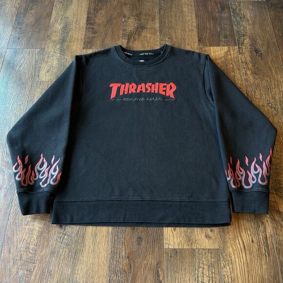 EUC Men's Vans Thrasher Off The Wall Black Flame Sweatshirt | Embroidered MEDIUM - Picture 1 of 11